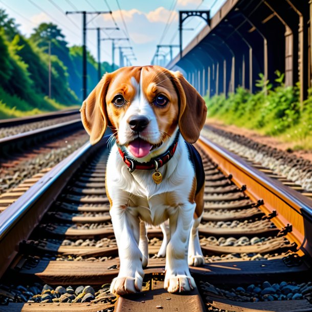 Picture of a playing of a beagle on the railway tracks