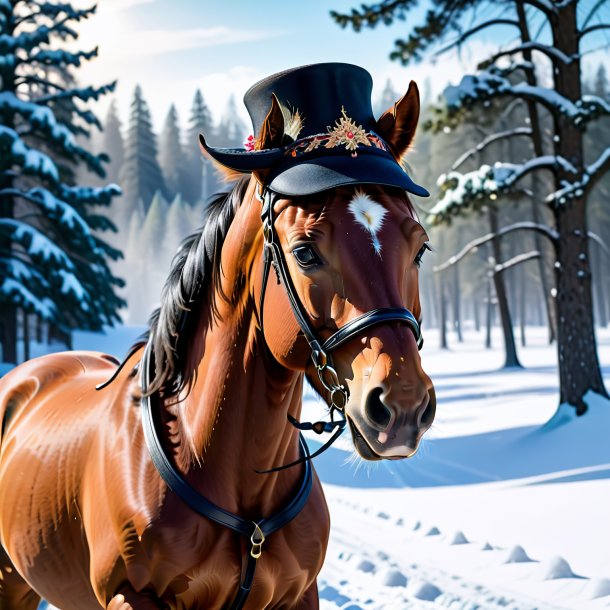 Imagem de um cavalo em um chapéu na neve