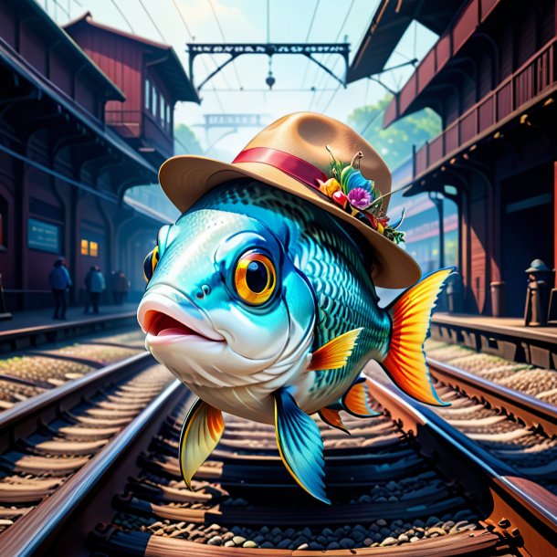 Illustration of a fish in a hat on the railway tracks