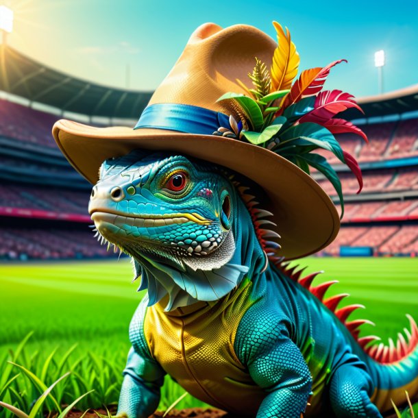 Illustration of a iguana in a hat on the field