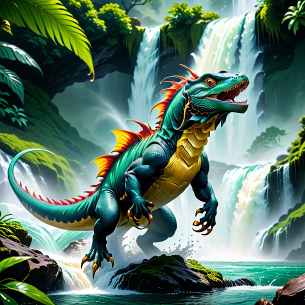 Image of a jumping of a basilisk in the waterfall