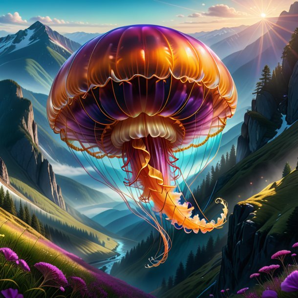 Drawing of a jellyfish in a belt in the mountains