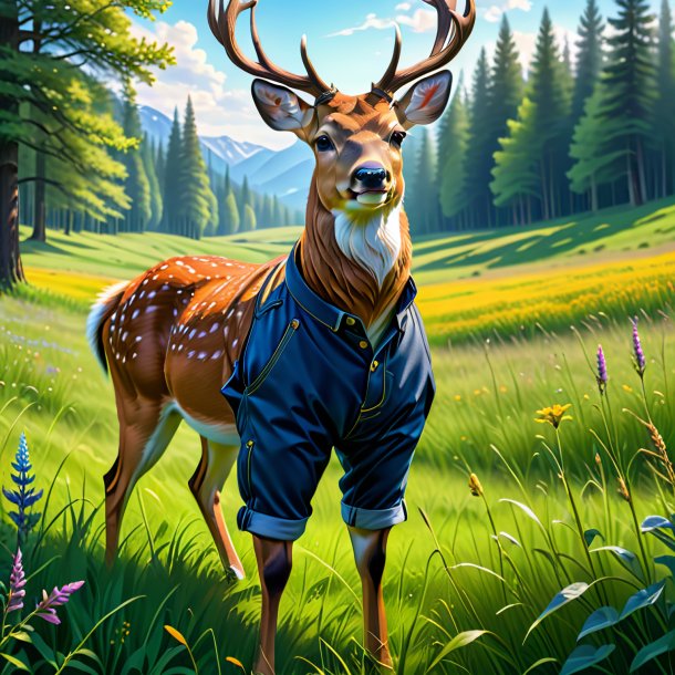 Drawing of a deer in a trousers in the meadow