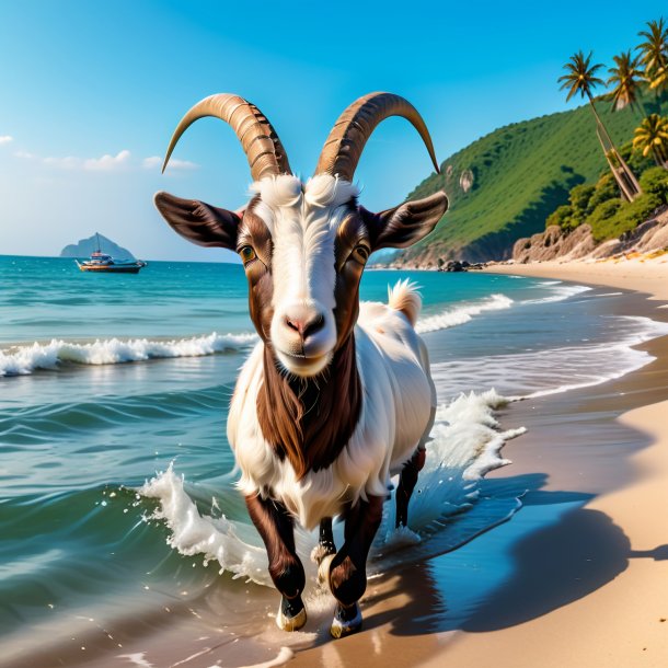 Retrato de uma natação de uma cabra na praia