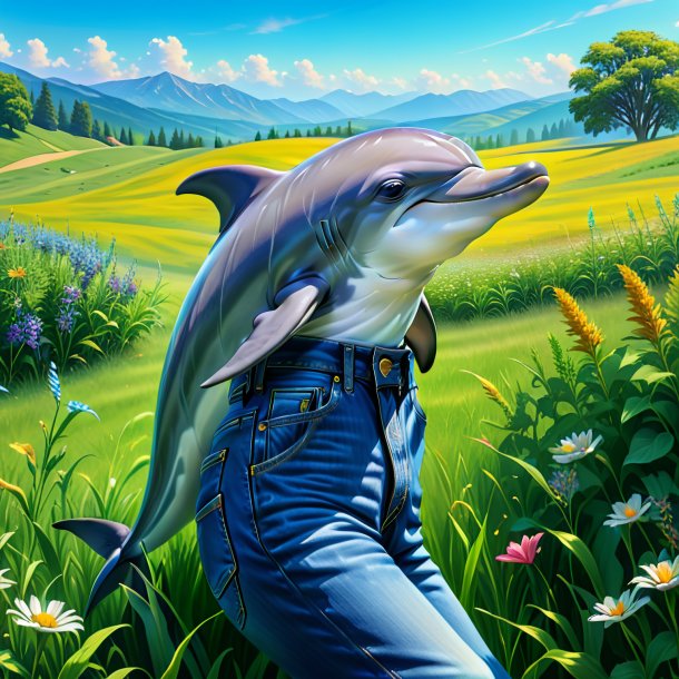 Drawing of a dolphin in a jeans in the meadow