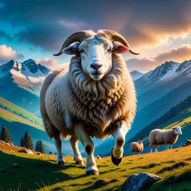 Photo of a playing of a sheep in the mountains