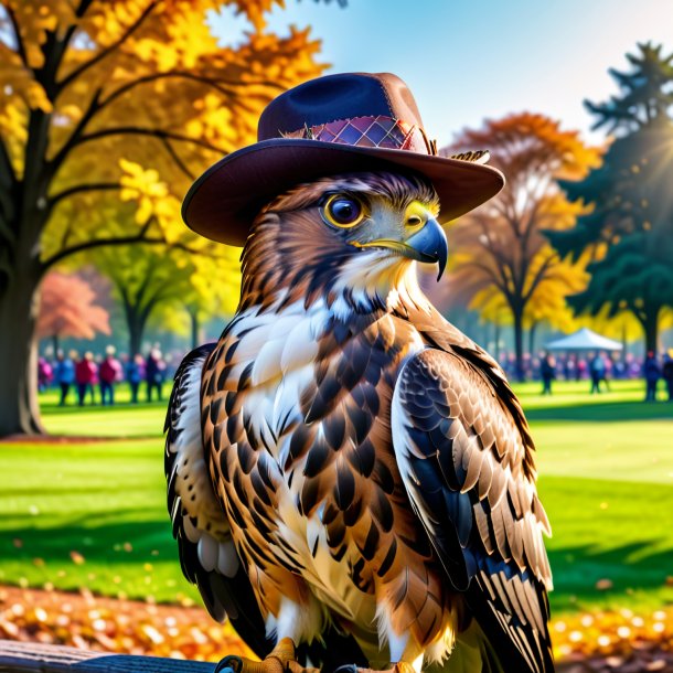 Image of a hawk in a hat in the park