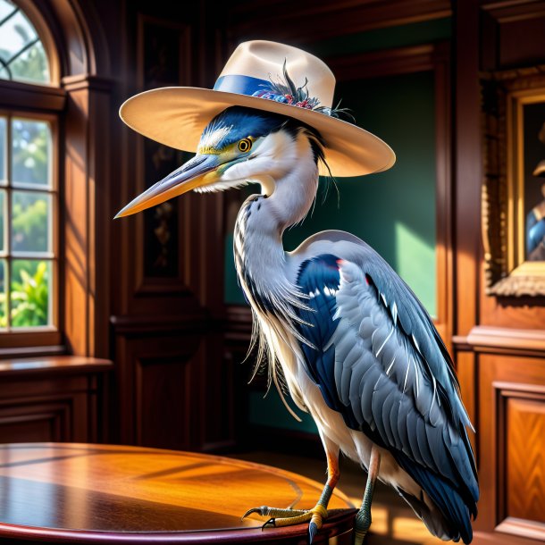 Photo of a heron in a hat in the house