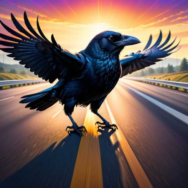 Illustration of a crow in a belt on the highway