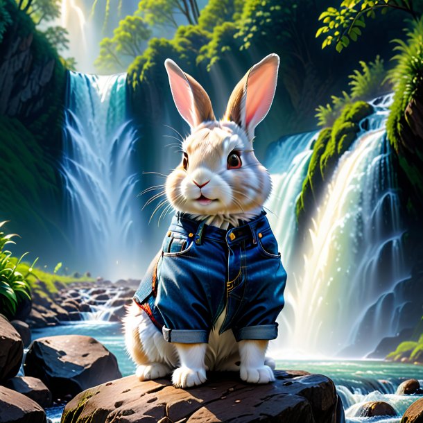 Photo of a rabbit in a jeans in the waterfall