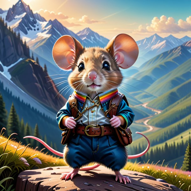 Drawing of a mouse in a belt in the mountains