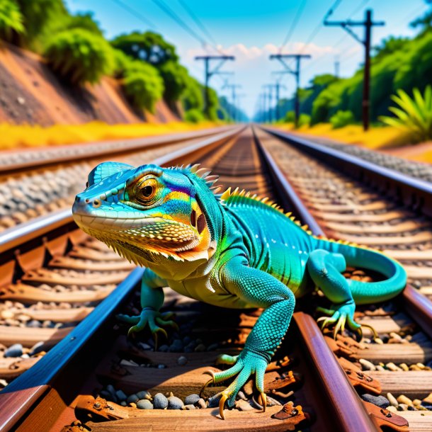 Foto de un descanso de un lagarto en las vías del ferrocarril