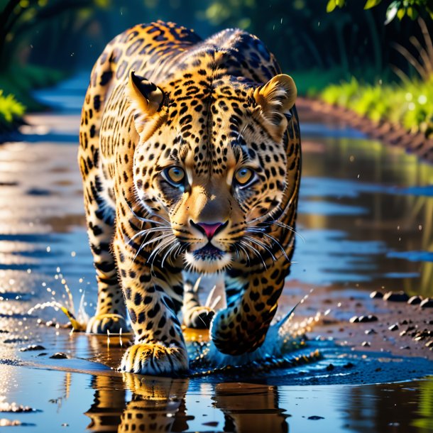 Picture of a threatening of a leopard in the puddle