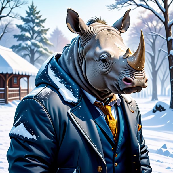 Illustration of a rhinoceros in a jacket in the snow