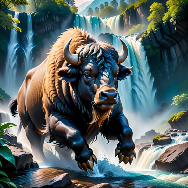 Image of a buffalo in a gloves in the waterfall