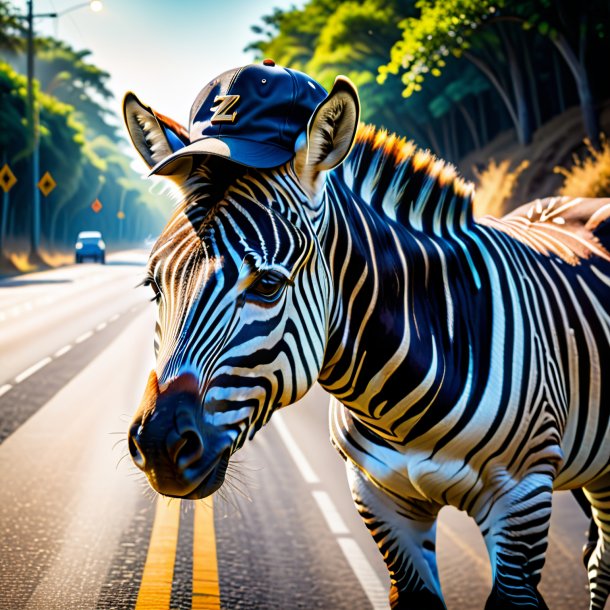 Photo of a zebra in a cap on the road