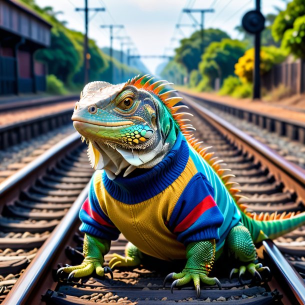 Imagen de una iguana en un suéter en las vías del tren