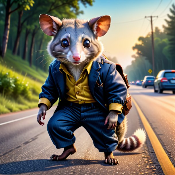 Image of a possum in a trousers on the road