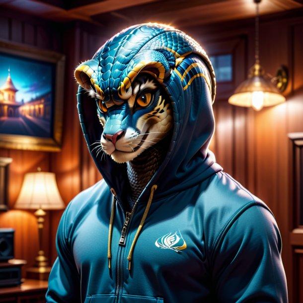 Picture of a cobra in a hoodie in the house