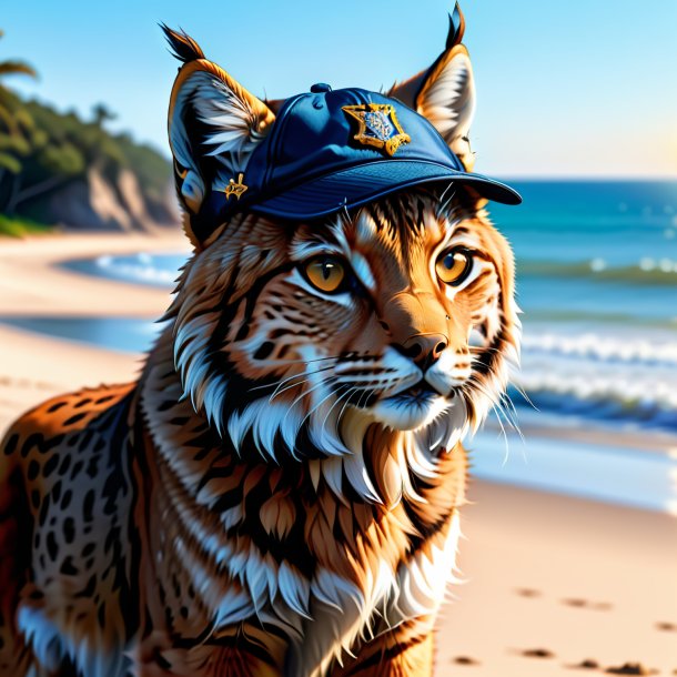 Desenho de um lince em um boné na praia