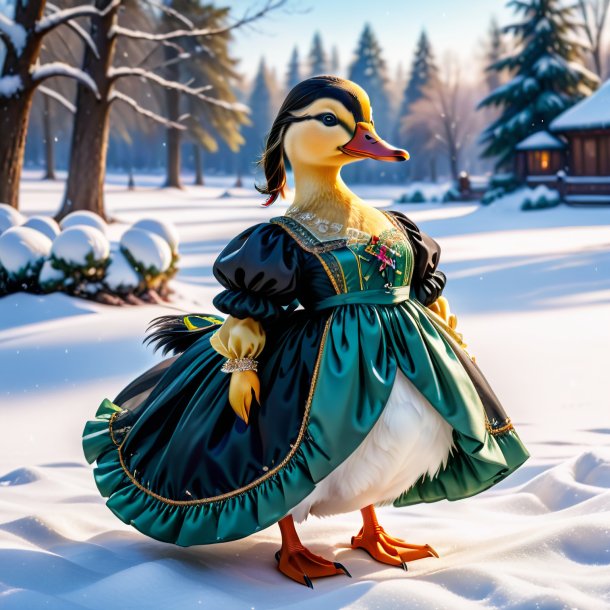 Pic of a duck in a dress in the snow