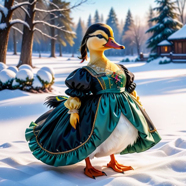 Foto de un pato en un vestido en la nieve