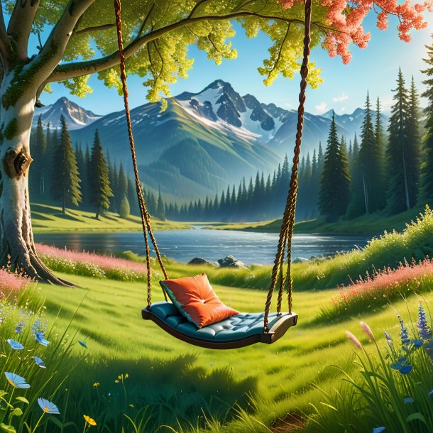 Image of a swinging on a swing of a salmon in the meadow