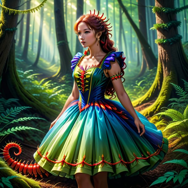 Picture of a centipede in a dress in the forest