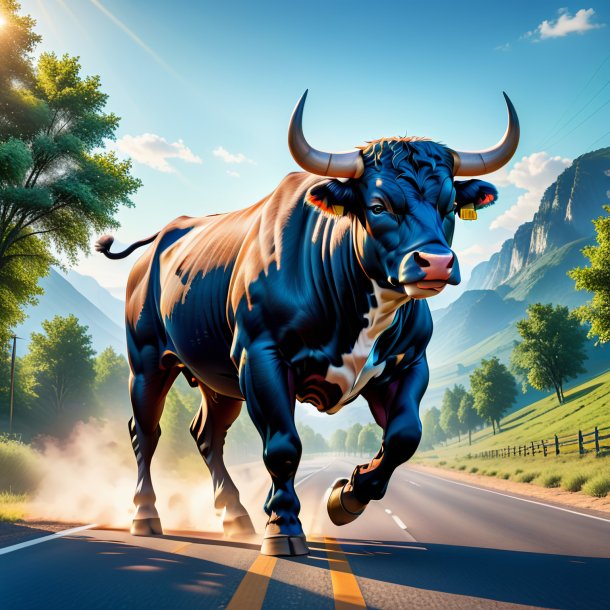 Illustration of a bull in a jeans on the road