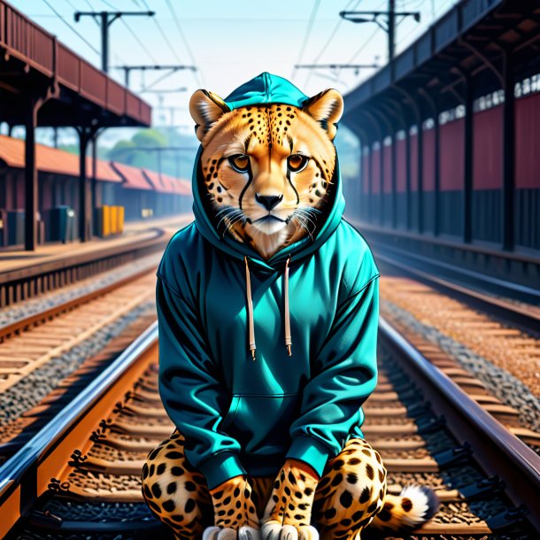 Drawing of a cheetah in a hoodie on the railway tracks