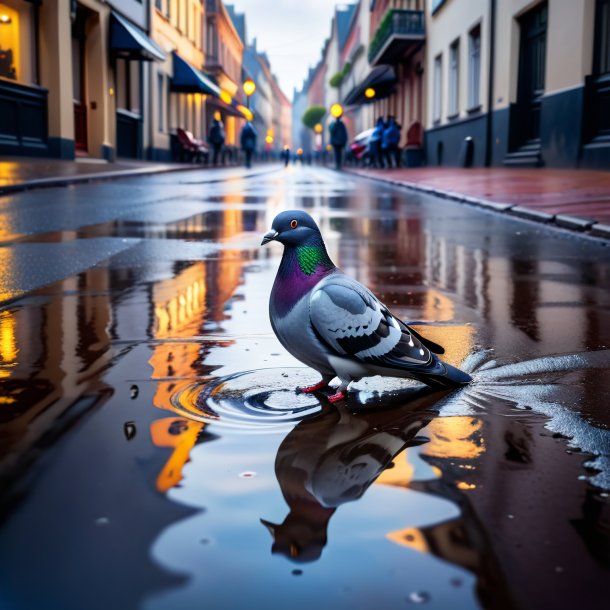 Photo of a waiting of a pigeon in the puddle