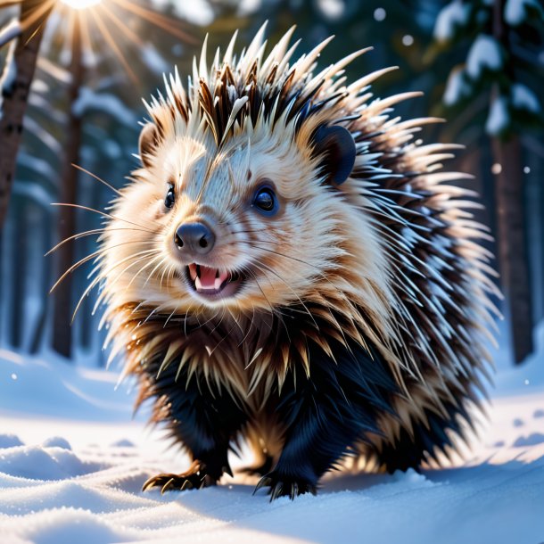 Photo of a dancing of a porcupine in the snow