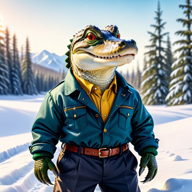 Image of a alligator in a trousers in the snow