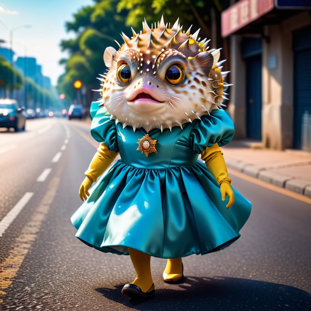 Picture of a pufferfish in a dress on the road