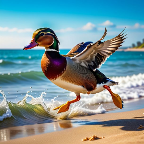 Pic d'un saut d'un canard sur la plage