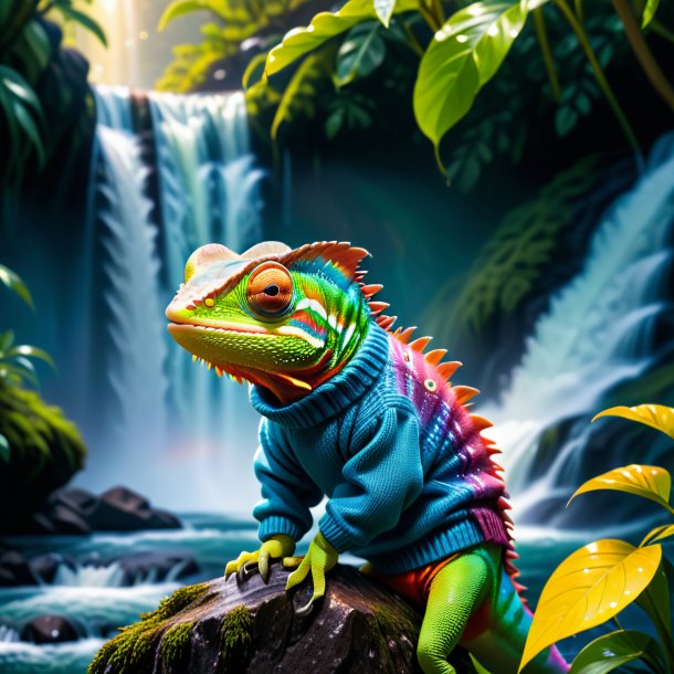 Image of a chameleon in a sweater in the waterfall