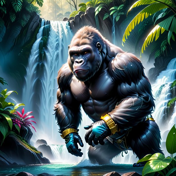 Drawing of a gorilla in a gloves in the waterfall