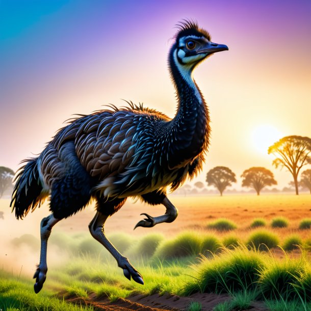 Foto de un salto de un emu en el campo