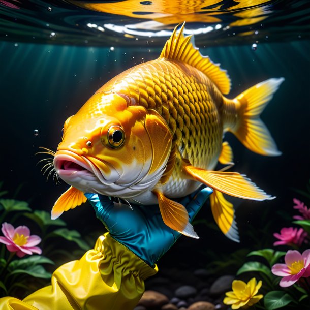 Image of a carp in a yellow gloves