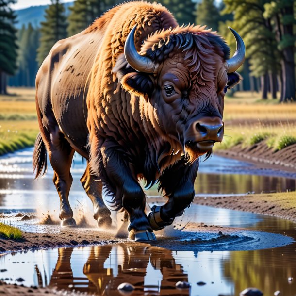 Pic of a dancing of a bison in the puddle