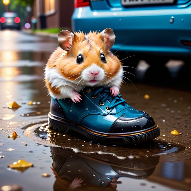 Foto de un hámster en un zapato en el charco