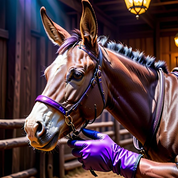 Photo of a mule in a purple gloves