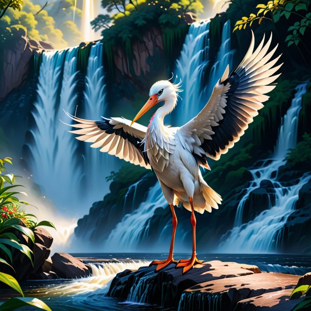 Illustration of a stork in a coat in the waterfall