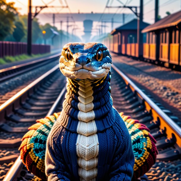 Pic of a cobra in a sweater on the railway tracks