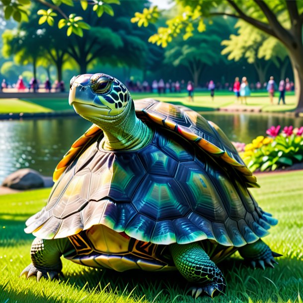 Foto de una tortuga en un vestido en el parque