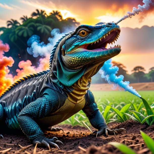 Picture of a smoking of a monitor lizard on the field