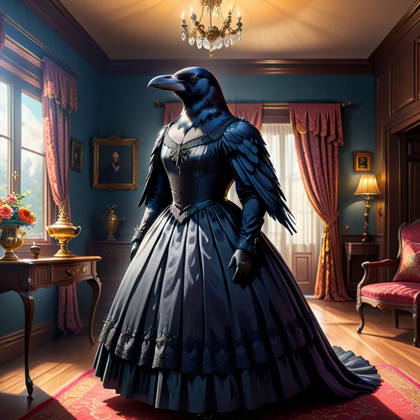 Illustration of a crow in a dress in the house