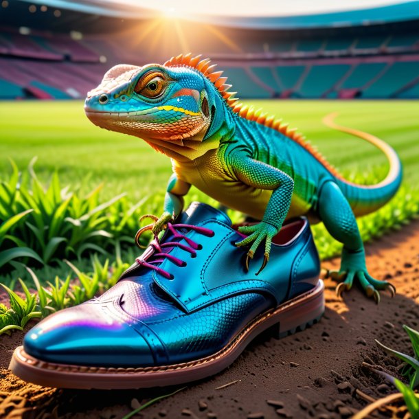 Photo of a lizard in a shoes on the field