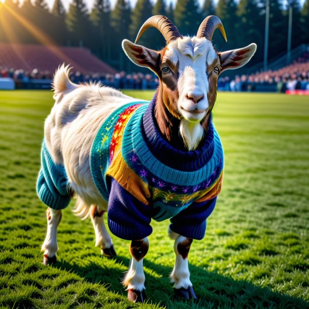 Foto de una cabra en un suéter en el campo