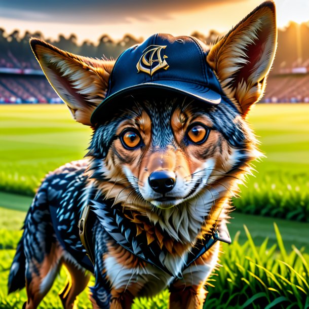 Photo of a jackal in a cap on the field